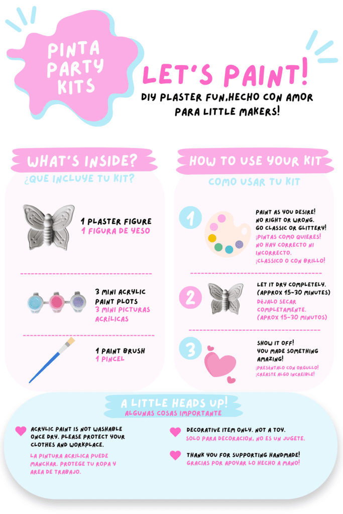 Children’s DIY paint kit featuring handmade plaster shapes, custom paint colors, and brushes for creative birthday parties, arts and crafts activities, and imaginative play