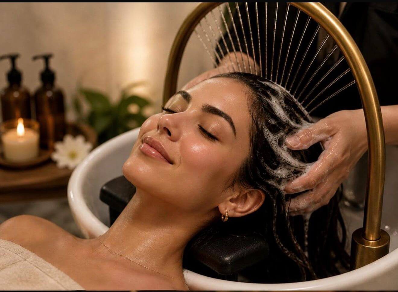 Woman receiving a Japanese head spa hair wash and relaxing massage treatment in a warm luxury spa environment with candles and aromatherapy ambiance