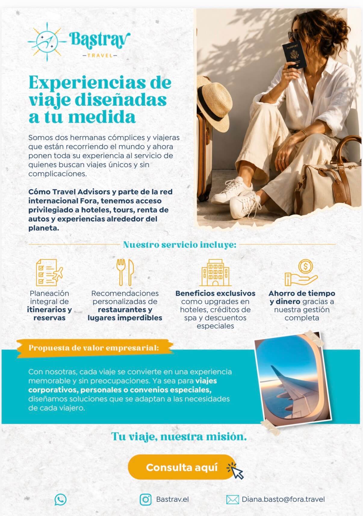 Travel advisor promotional graphic for Bastrav Travel showcasing customized vacation planning, itinerary design, hotel reservations, exclusive travel perks, and personalized travel services.