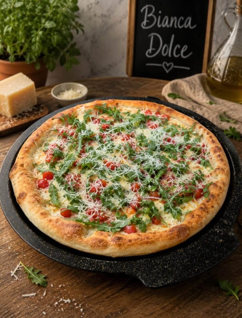 Bianca Dolce artisan pizza topped with fresh arugula, cherry tomatoes, shaved Parmesan, and mozzarella on a handcrafted 48-hour fermented crust from Vinny's 48 in Coral Springs
