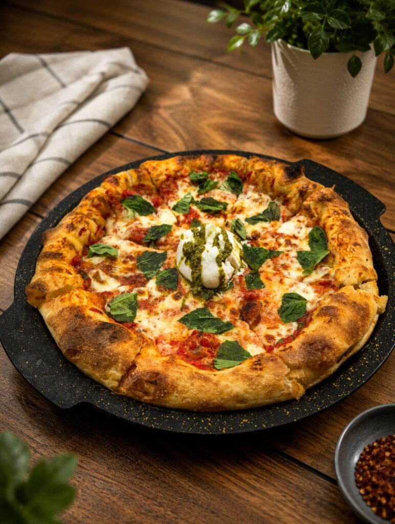 Gourmet burrata pizza topped with fresh basil, melted mozzarella, tomato sauce, and creamy burrata finished with pesto on a 48-hour fermented artisan crust.