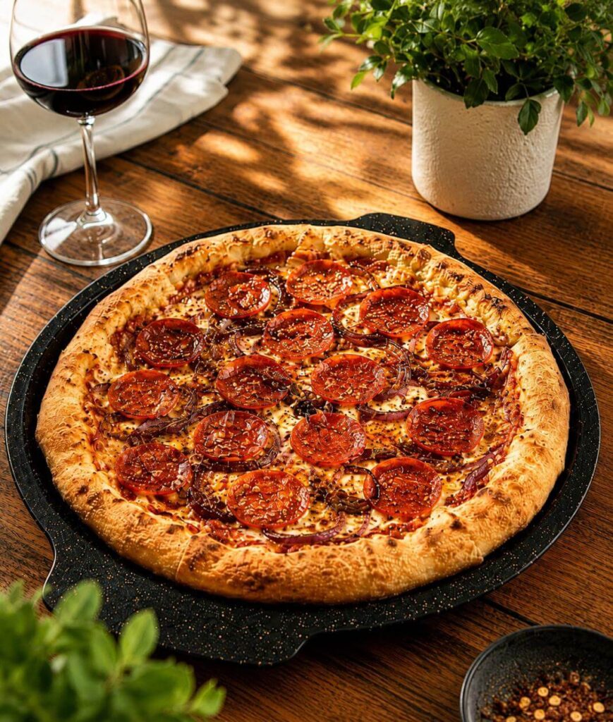 Handcrafted pepperoni pizza with mozzarella, red onions, Italian seasoning, and a crispy 48-hour fermented crust, freshly made by Vinny's 48 in Coral Springs.