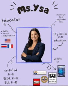 Ms. Ysa, highlighting her 14 years of K–12 education experience, K–6, ESOL and ELL certifications, international teaching background, and educational collaborations
