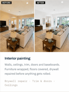 Interior painting: Before-and-after view of a home interior professionally painted by Solid Core Contractors, showing freshly painted walls, ceilings, trim, and baseboards