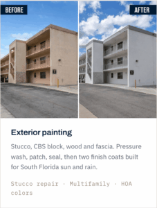 Exterior painting: Before-and-after view of a multifamily building exterior professionally painted by Solid Core Contractors, including stucco preparation and exterior finishing