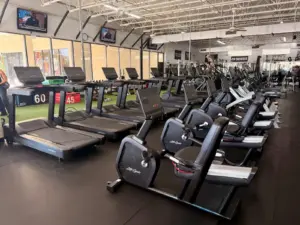 Cardio area at University Fitness Center featuring treadmills, stationary bikes, and strength-training equipment.