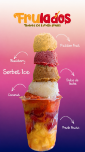 Frulado de Cepifrutty con frutas frescas y sabores de maracuyá, mora, dulce de leche y coco