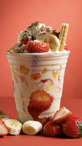 Frutas frescas de Cepifrutty con fresas y banana cayendo sobre un vaso de crema
